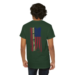 T-Shirt — Distressed American Flag 'Work Hard Live Free' Patriotic Tee