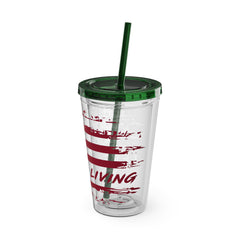16oz Tumbler with Straw — Distressed American Flag “Level Up / Live Free” Design