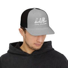 Level Up Living Snapback Trucker Cap — Distressed Logo Mesh Baseball Hat