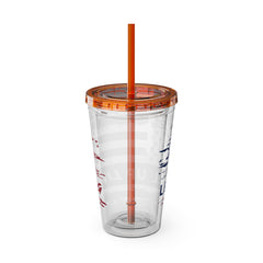 16oz Tumbler with Straw — Distressed American Flag “Level Up / Live Free” Design