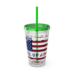 16oz Tumbler with Straw — Distressed American Flag “Level Up / Live Free” Design