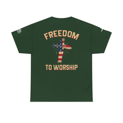 Freedom to Worship Tee — American Flag Cross Christian Religious T‑Shirt