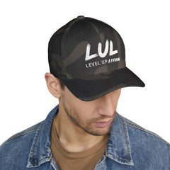 Level Up Living Embroidered Cross Cap — Faith Flex-Fit Closed-Back