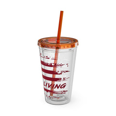 16oz Tumbler with Straw — Distressed American Flag “Level Up / Live Free” Design