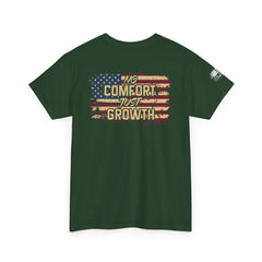 T-Shirt — 'No Comfort, No Growth' Distressed American Flag Graphic Tee