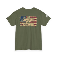 T-Shirt — 'No Comfort, No Growth' Distressed American Flag Graphic Tee