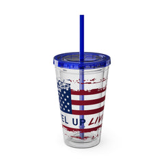 16oz Tumbler with Straw — Distressed American Flag “Level Up / Live Free” Design