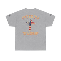 Freedom to Worship Tee — American Flag Cross Christian Religious T‑Shirt