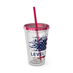 16oz Tumbler with Straw — Distressed American Flag “Level Up / Live Free” Design