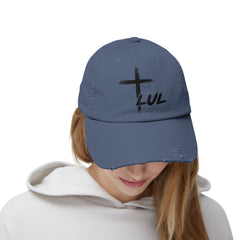 Distressed Cross Cap — "LUL" Script Christian Baseball Hat