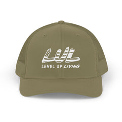 Level Up Living Snapback Trucker Cap — Distressed Logo Mesh Baseball Hat