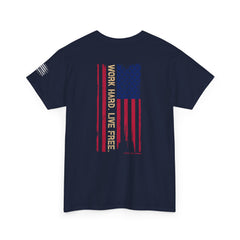 T-Shirt — Distressed American Flag 'Work Hard Live Free' Patriotic Tee
