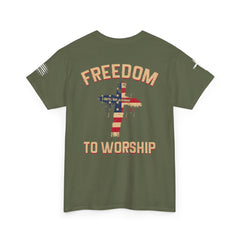 Freedom to Worship Tee — American Flag Cross Christian Religious T‑Shirt