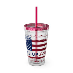 16oz Tumbler with Straw — Distressed American Flag “Level Up / Live Free” Design