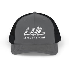 Level Up Living Snapback Trucker Cap — Distressed Logo Mesh Baseball Hat