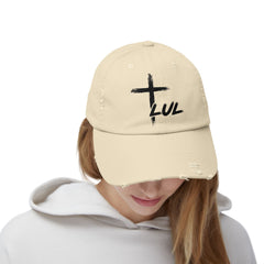 Distressed Cross Cap — "LUL" Script Christian Baseball Hat
