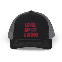 Level Up Living Snapback Trucker Cap — Patriotic Gamer Vibe Hat