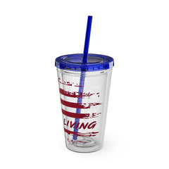 16oz Tumbler with Straw — Distressed American Flag “Level Up / Live Free” Design