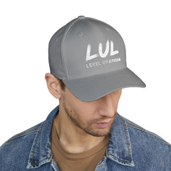 Level Up Living Embroidered Cross Cap — Faith Flex-Fit Closed-Back