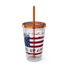 16oz Tumbler with Straw — Distressed American Flag “Level Up / Live Free” Design
