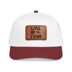 Leather Patch Baseball Cap — “LEVL UP LVNG” Motivational Trucker
