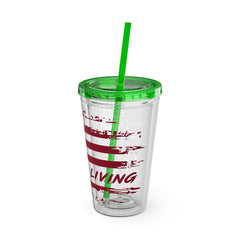 16oz Tumbler with Straw — Distressed American Flag “Level Up / Live Free” Design