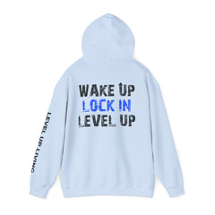 Level Up Living Hoodie — "Wake Up. Lock In. Level Up." Athletic Motivational Sweatshirt
