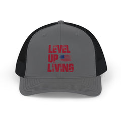 Level Up Living Snapback Trucker Cap — Patriotic Gamer Vibe Hat