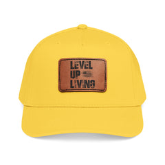 Leather Patch Baseball Cap — “LEVL UP LVNG” Motivational Trucker