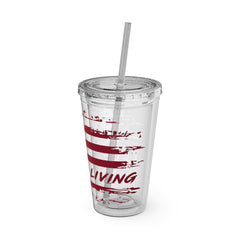 16oz Tumbler with Straw — Distressed American Flag “Level Up / Live Free” Design