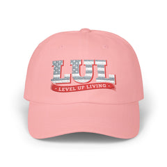 Level Up Living Dad Cap — Vintage American Flag Script Hat