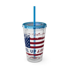 16oz Tumbler with Straw — Distressed American Flag “Level Up / Live Free” Design