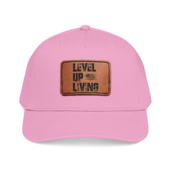 Leather Patch Baseball Cap — “LEVL UP LVNG” Motivational Trucker