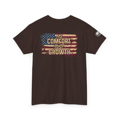 T-Shirt — 'No Comfort, No Growth' Distressed American Flag Graphic Tee