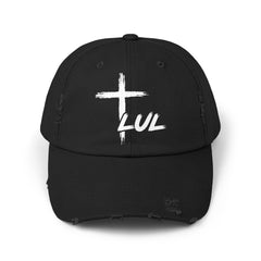 Distressed Cross Cap — "LUL" Script Christian Baseball Hat