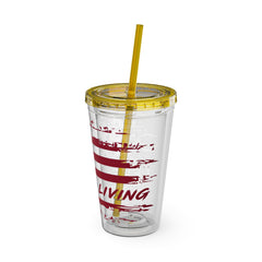 16oz Tumbler with Straw — Distressed American Flag “Level Up / Live Free” Design