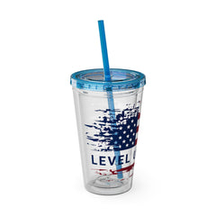 16oz Tumbler with Straw — Distressed American Flag “Level Up / Live Free” Design