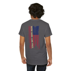 T-Shirt — Distressed American Flag 'Work Hard Live Free' Patriotic Tee
