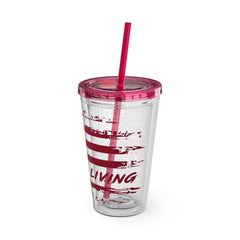 16oz Tumbler with Straw — Distressed American Flag “Level Up / Live Free” Design