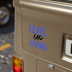 Level Up Living Die-Cut Sticker — Bold Blue & Brush Script Outdoor Decal