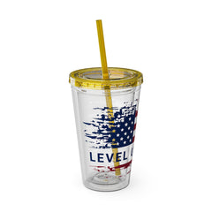 16oz Tumbler with Straw — Distressed American Flag “Level Up / Live Free” Design
