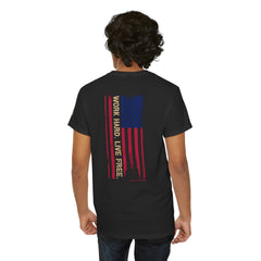 T-Shirt — Distressed American Flag 'Work Hard Live Free' Patriotic Tee