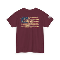 T-Shirt — 'No Comfort, No Growth' Distressed American Flag Graphic Tee