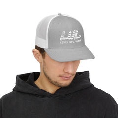 Level Up Living Snapback Trucker Cap — Distressed Logo Mesh Baseball Hat