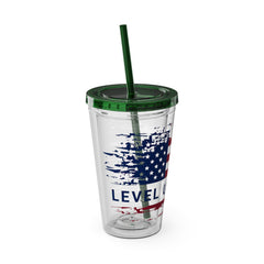 16oz Tumbler with Straw — Distressed American Flag “Level Up / Live Free” Design