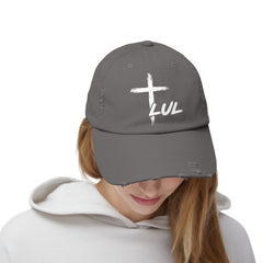 Distressed Cross Cap — "LUL" Script Christian Baseball Hat