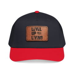 Leather Patch Baseball Cap — “LEVL UP LVNG” Motivational Trucker