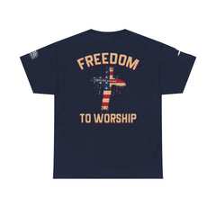 Freedom to Worship Tee — American Flag Cross Christian Religious T‑Shirt