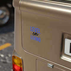 Level Up Living Die-Cut Sticker — Bold Blue & Brush Script Outdoor Decal