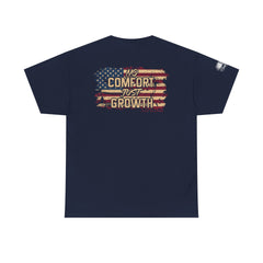T-Shirt — 'No Comfort, No Growth' Distressed American Flag Graphic Tee